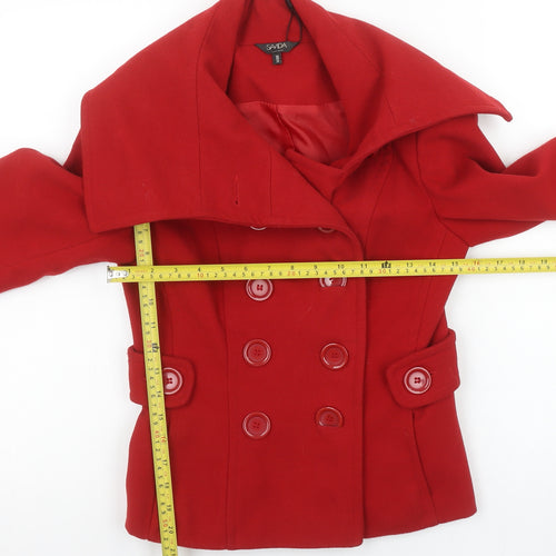 Savida Women's Red Pea Coat Size 10 Double Breasted Wool Look Jacket