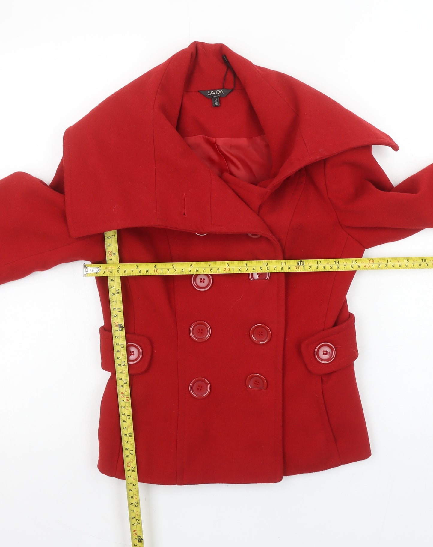 Savida Women's Red Pea Coat Size 10 Double Breasted Wool Look Jacket