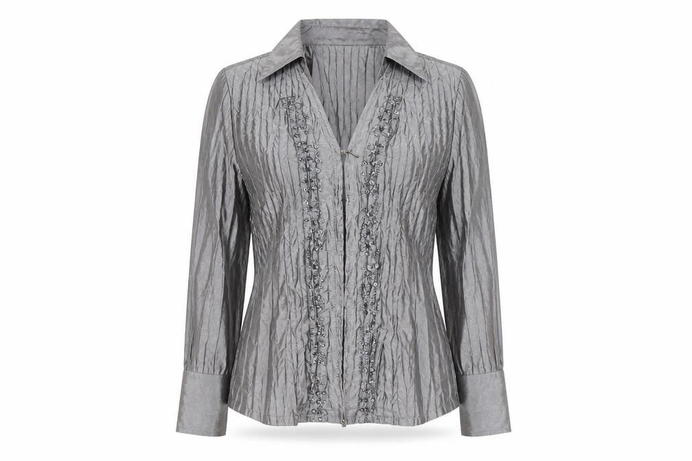 Front view of Chagall Women's Silver Beaded Long Sleeve Formal Blouse, size 8