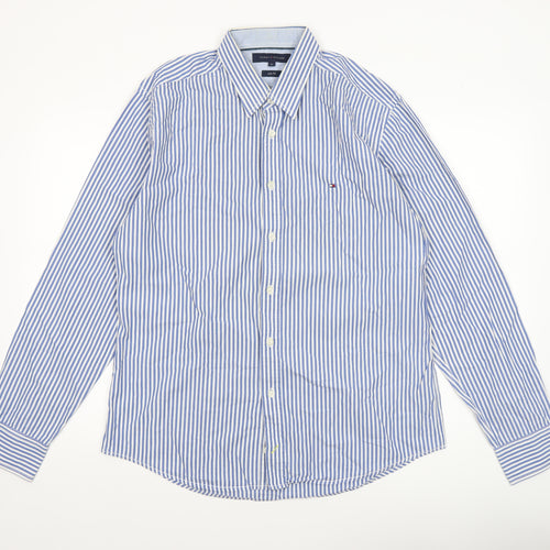 Tommy Hilfiger Men's Blue Striped Slim Fit Long Sleeve Shirt XL