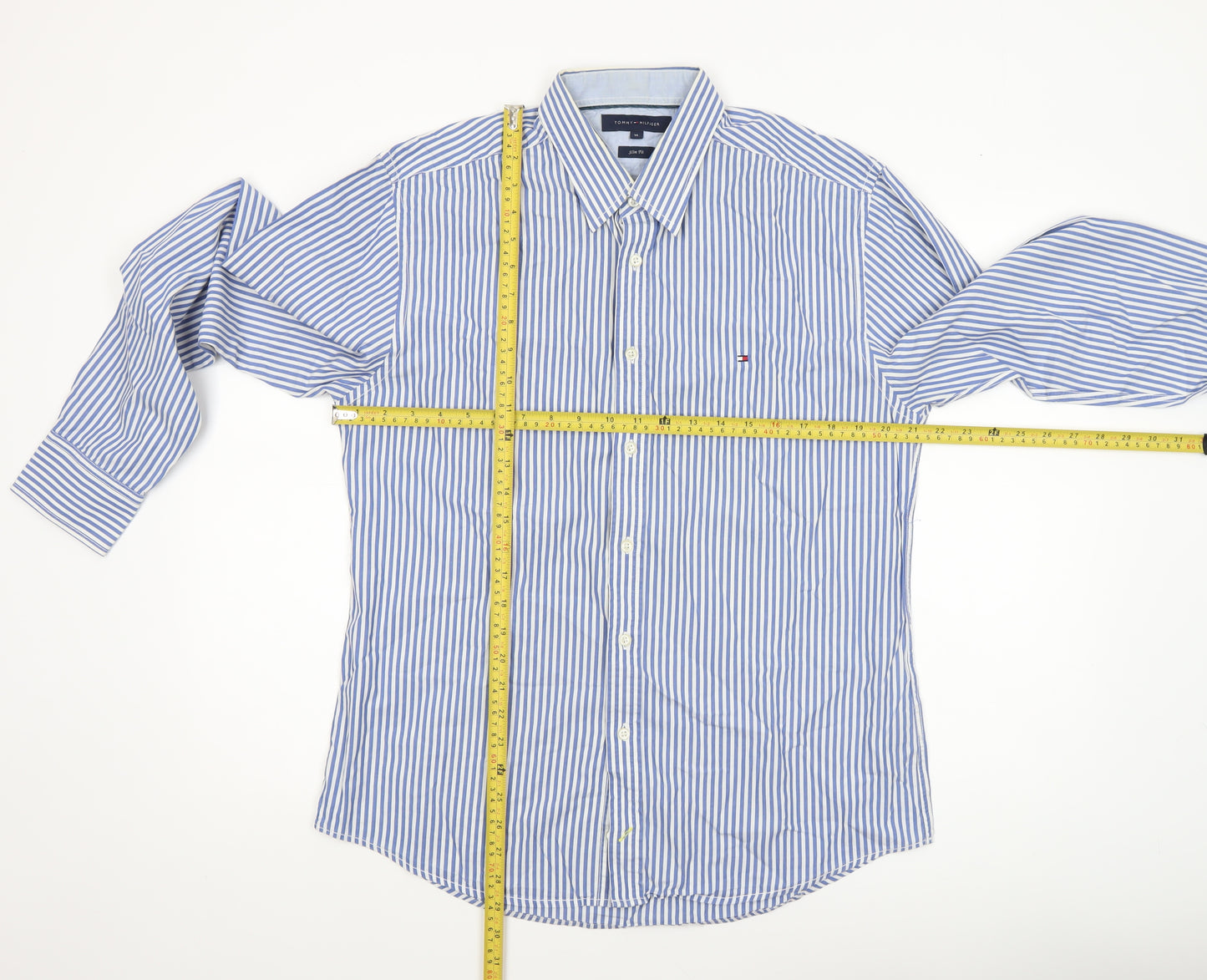 Tommy Hilfiger Men's Blue Striped Slim Fit Long Sleeve Shirt XL