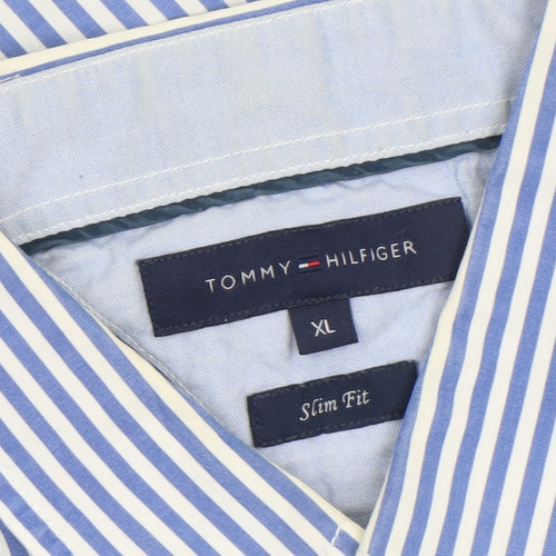 Tommy Hilfiger Men's Blue Striped Slim Fit Long Sleeve Shirt XL