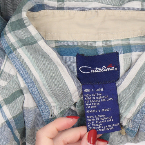 Catalina Men's Grey Check Cotton Long Sleeve Button-Up Shirt L