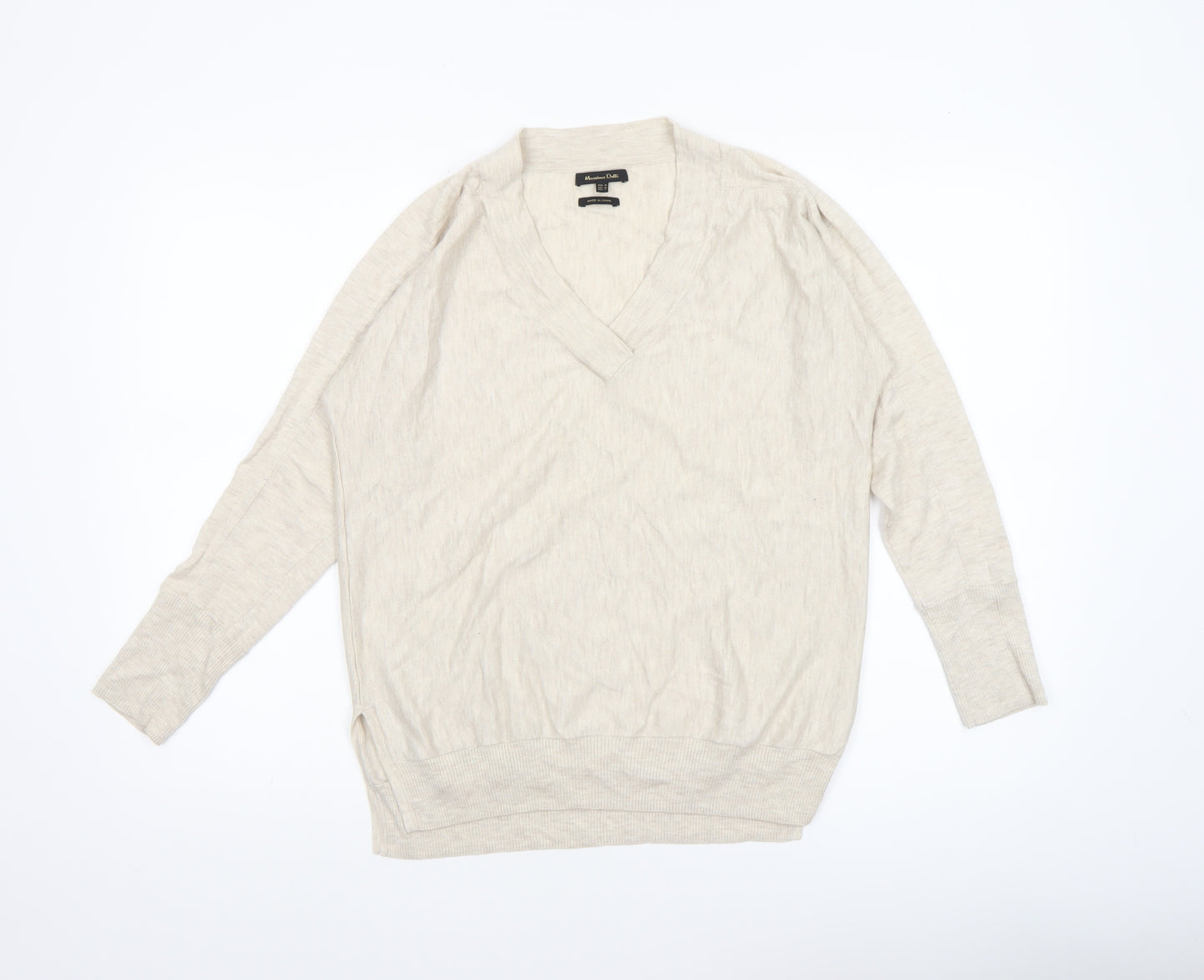 Massimo Dutti Women’s Beige V-Neck Linen Cotton Jumper Size 12