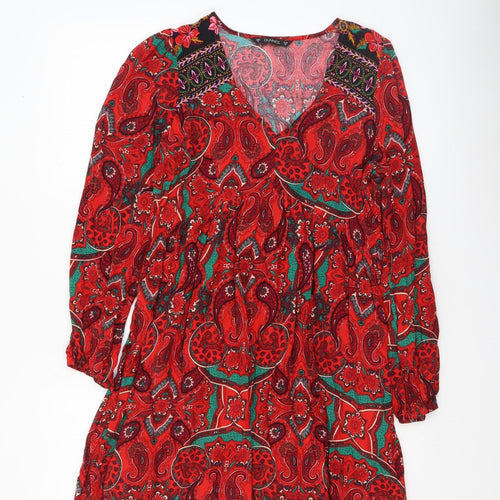 Dunnes Women Red Paisley Bohemian V-Neck A-Line Short Dress Size S