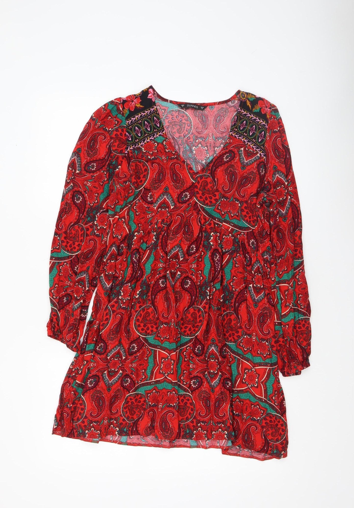 Dunnes Women Red Paisley Bohemian V-Neck A-Line Short Dress Size S
