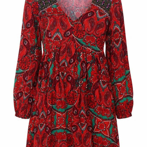 Dunnes Women Red Paisley Bohemian V-Neck A-Line Short Dress Size S