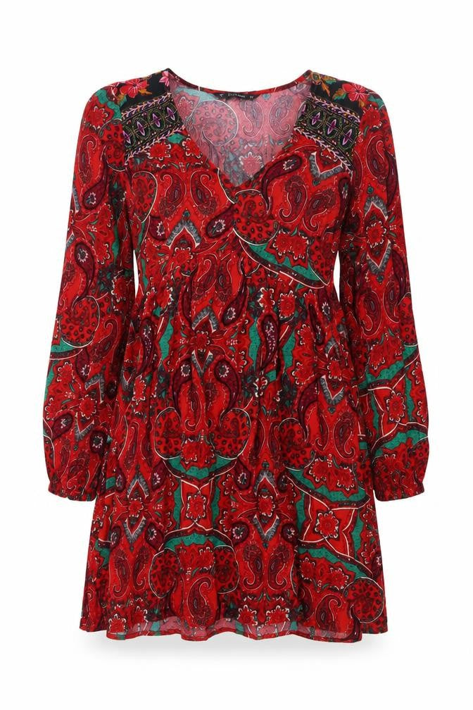 Dunnes Women Red Paisley Bohemian V-Neck A-Line Short Dress Size S