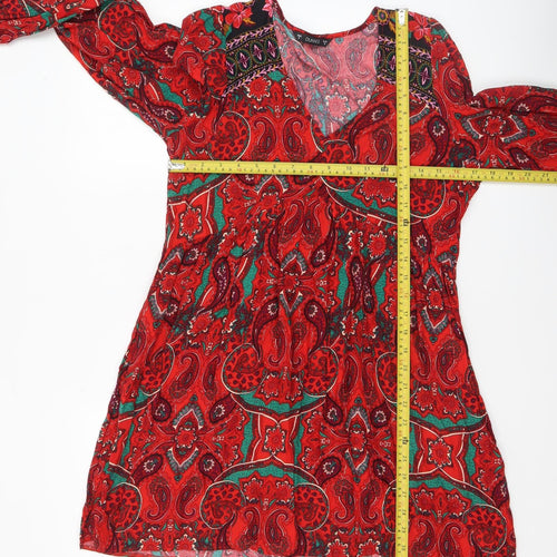 Dunnes Women Red Paisley Bohemian V-Neck A-Line Short Dress Size S