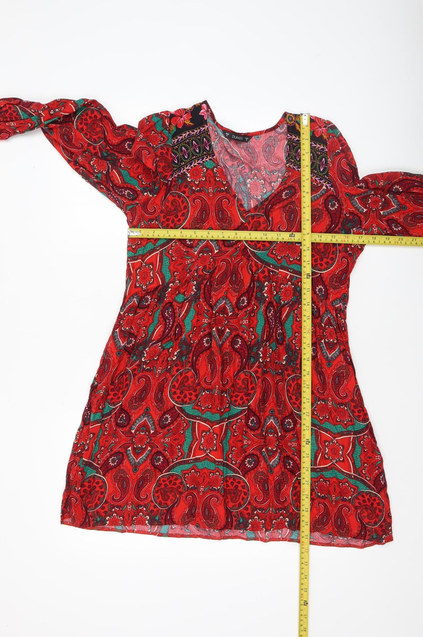 Dunnes Women Red Paisley Bohemian V-Neck A-Line Short Dress Size S