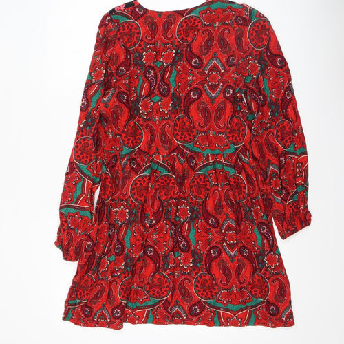 Dunnes Women Red Paisley Bohemian V-Neck A-Line Short Dress Size S