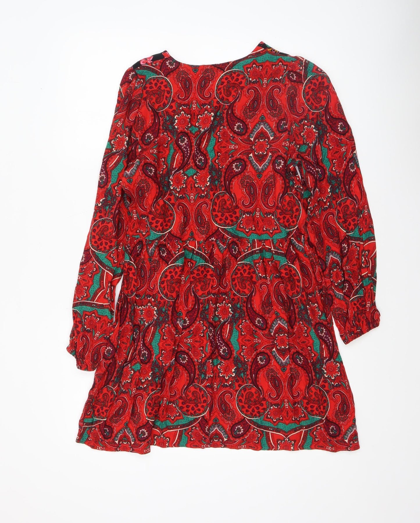 Dunnes Women Red Paisley Bohemian V-Neck A-Line Short Dress Size S