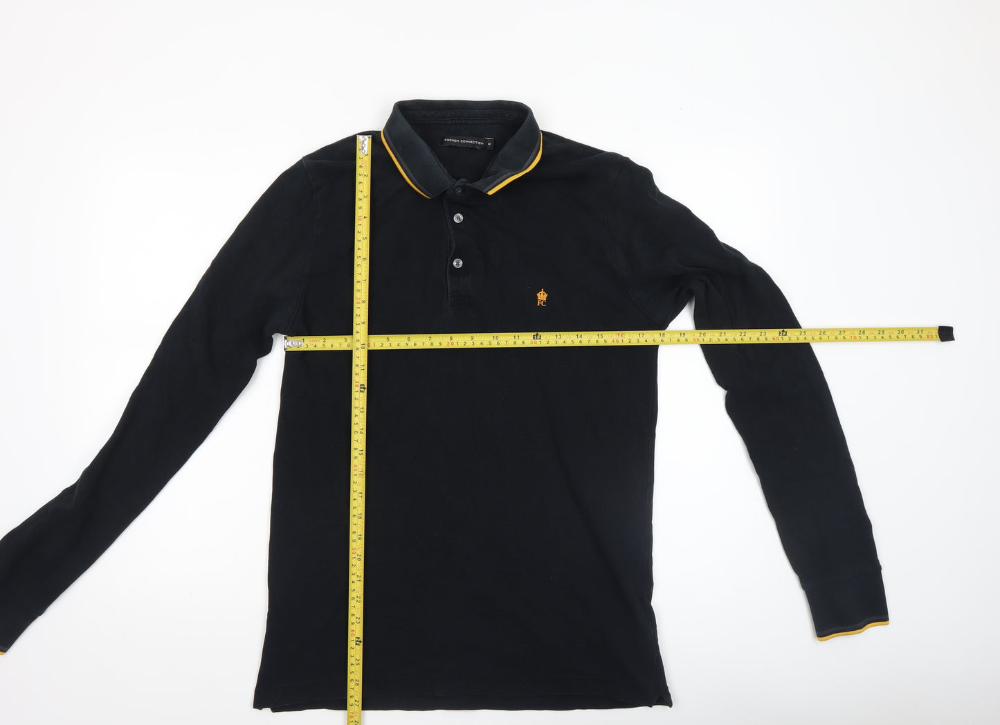 French Connection Men's Black Long Sleeve Cotton Polo Shirt Size M