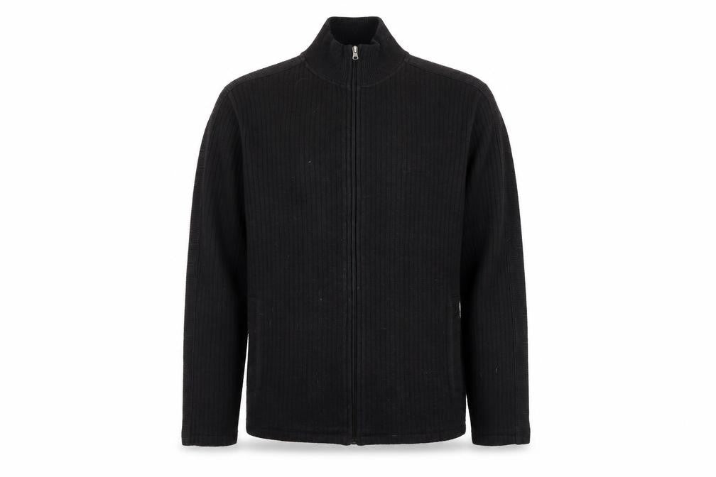 Front view of Ben Sherman Men's Black Full Zip Ribbed Knit Jumper, size S