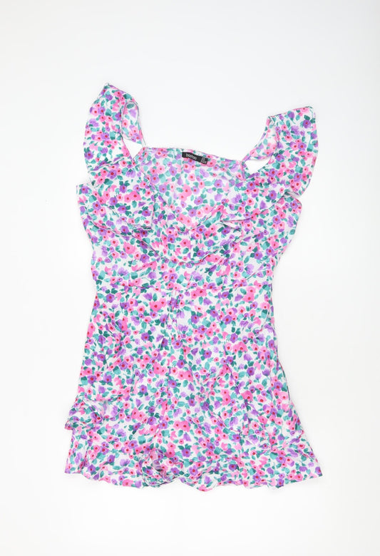Boohoo Womens Pink Floral Ruffle Playsuit UK 16 Summer Outfit