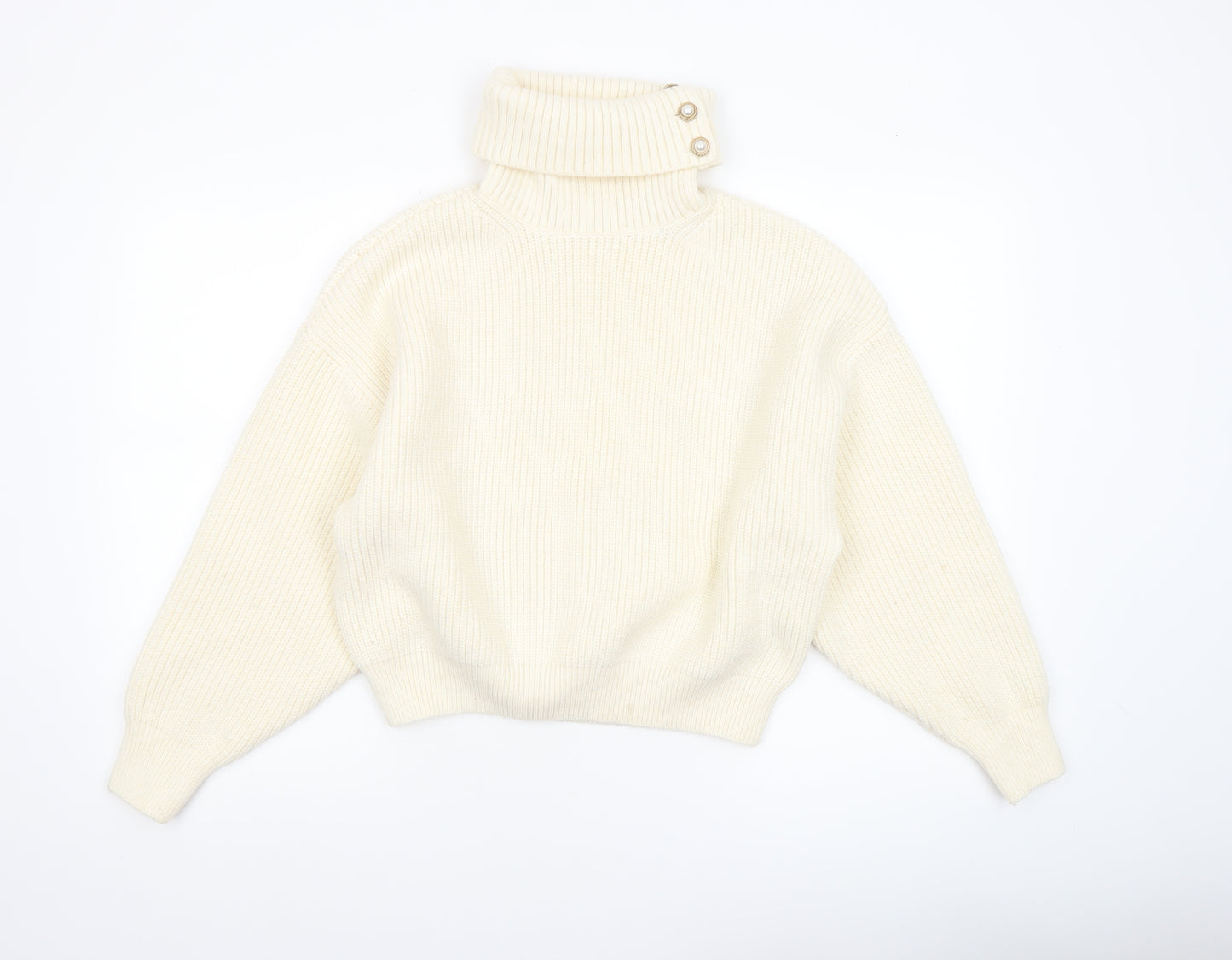 H&M Women Ivory Roll Neck Chunky-Knit Pullover Jumper M