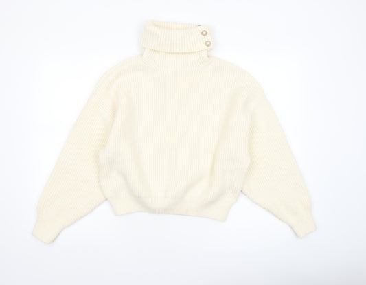 H&M Women Ivory Roll Neck Chunky-Knit Pullover Jumper M
