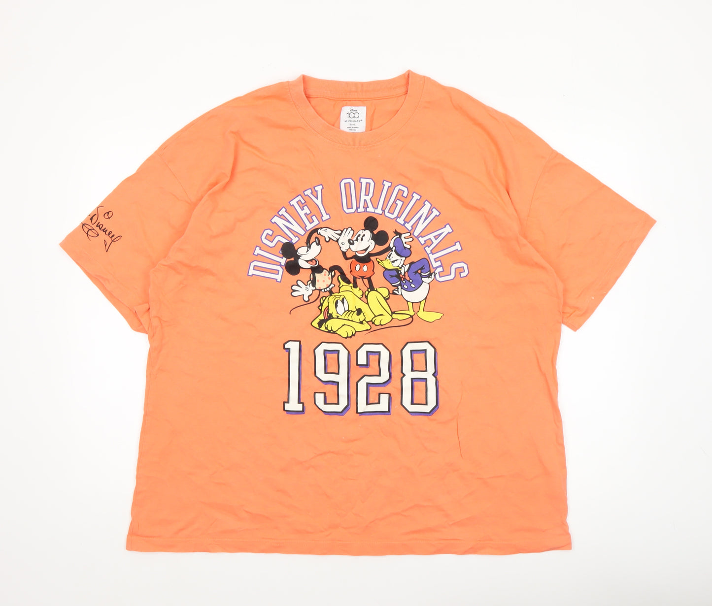 Disney Men’s Orange Mickey Mouse Cartoon Graphic T-Shirt Size L