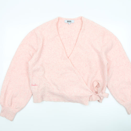 Diesel Womens Pink Wrap Knit Jumper Medium V-Neck Puff Sleeve