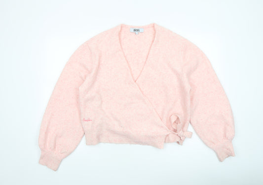 Diesel Womens Pink Wrap Knit Jumper Medium V-Neck Puff Sleeve