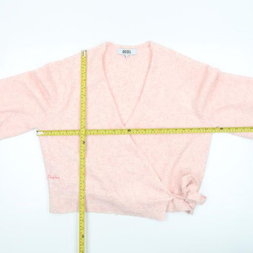 Diesel Womens Pink Wrap Knit Jumper Medium V-Neck Puff Sleeve