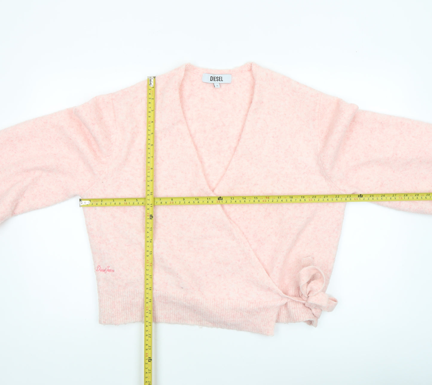 Diesel Womens Pink Wrap Knit Jumper Medium V-Neck Puff Sleeve