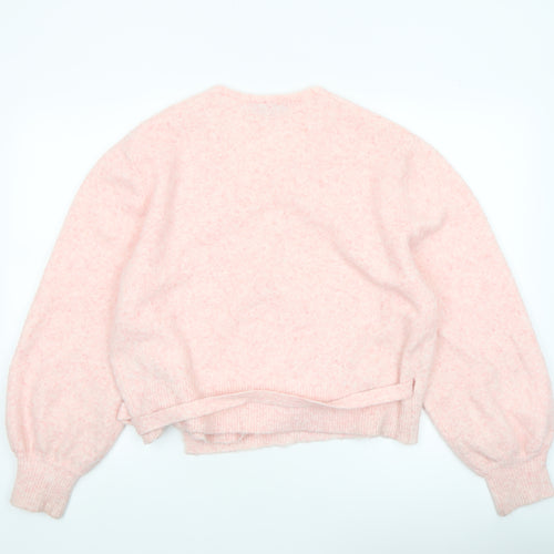 Diesel Womens Pink Wrap Knit Jumper Medium V-Neck Puff Sleeve