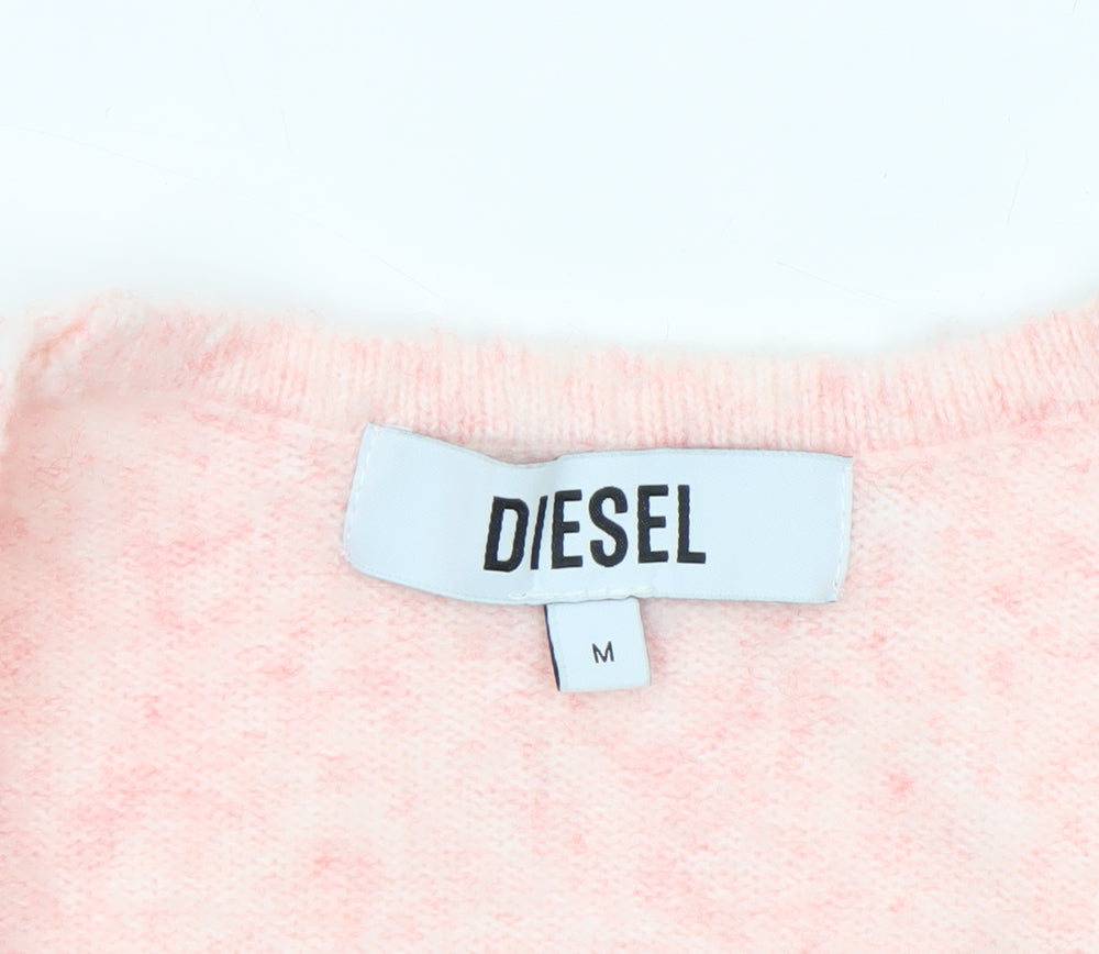 Diesel Womens Pink Wrap Knit Jumper Medium V-Neck Puff Sleeve