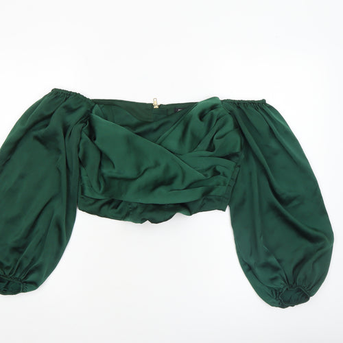 River Island Women’s Green Satin Cropped Off-Shoulder Puff Sleeve Blouse Size 12