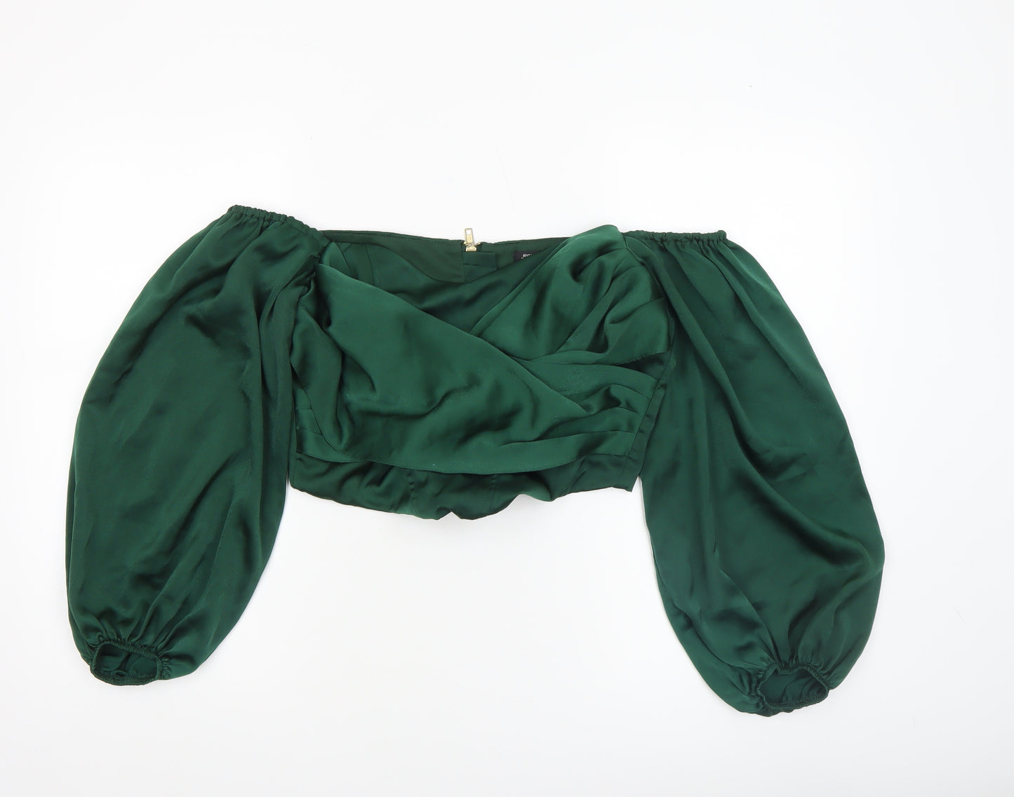 River Island Women’s Green Satin Cropped Off-Shoulder Puff Sleeve Blouse Size 12