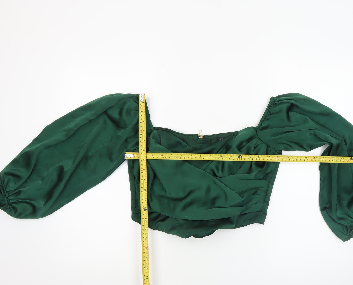 River Island Women’s Green Satin Cropped Off-Shoulder Puff Sleeve Blouse Size 12