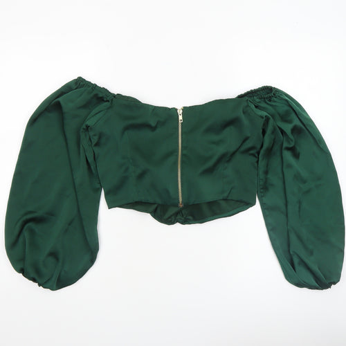 River Island Women’s Green Satin Cropped Off-Shoulder Puff Sleeve Blouse Size 12