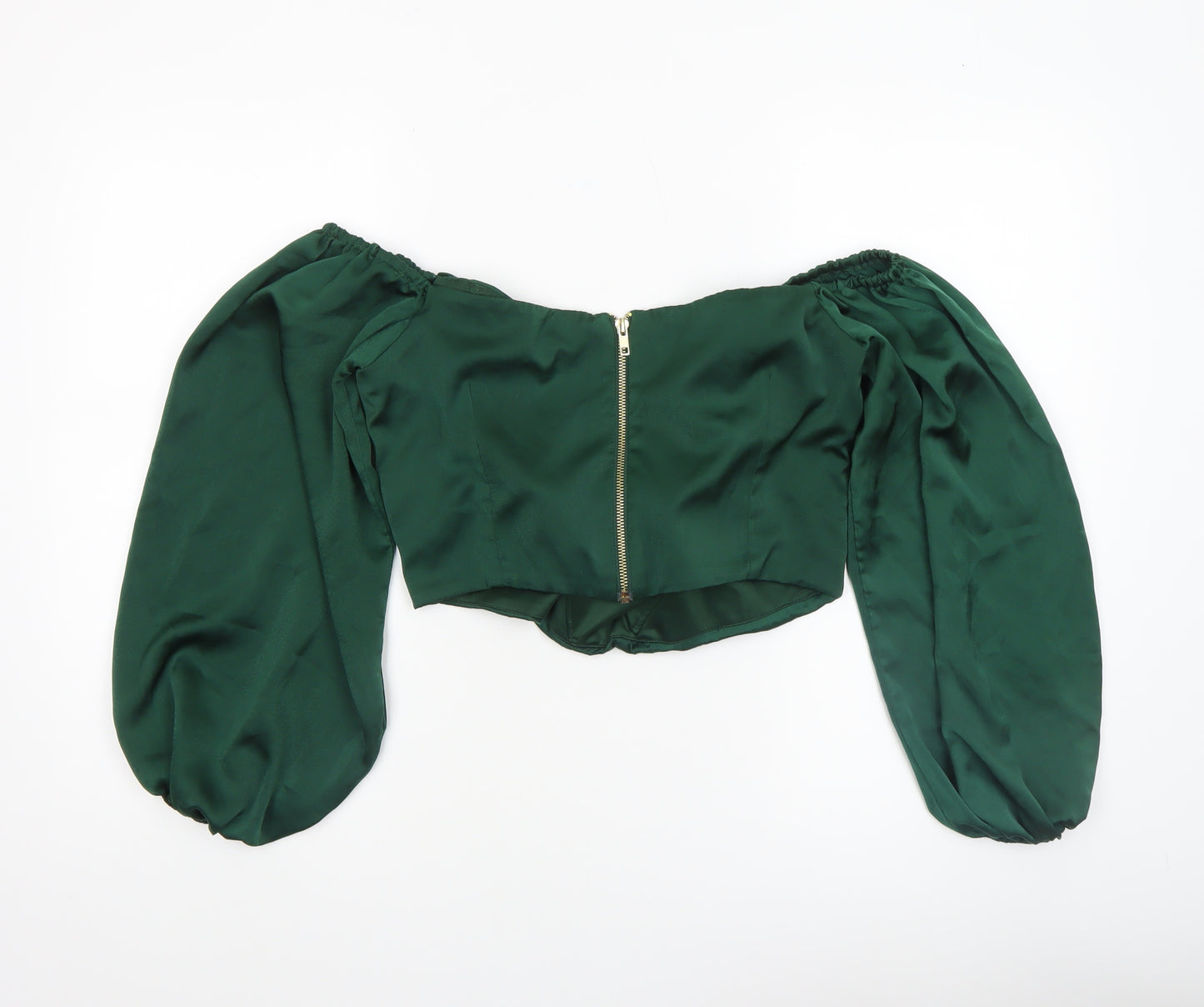 River Island Women’s Green Satin Cropped Off-Shoulder Puff Sleeve Blouse Size 12