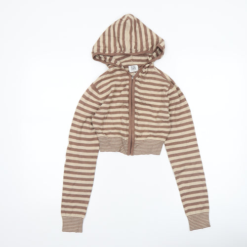 BAY Womens Brown Striped Hooded Full Zip Knit Jumper Size 8