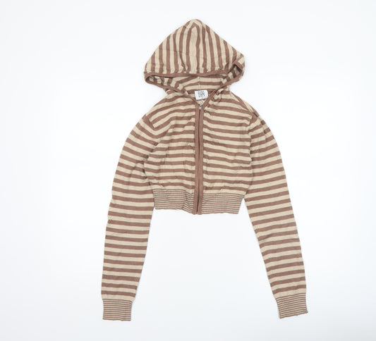 BAY Womens Brown Striped Hooded Full Zip Knit Jumper Size 8