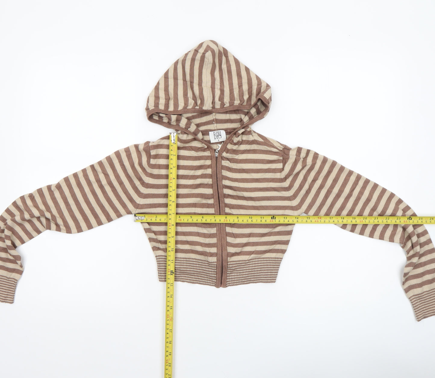 BAY Womens Brown Striped Hooded Full Zip Knit Jumper Size 8