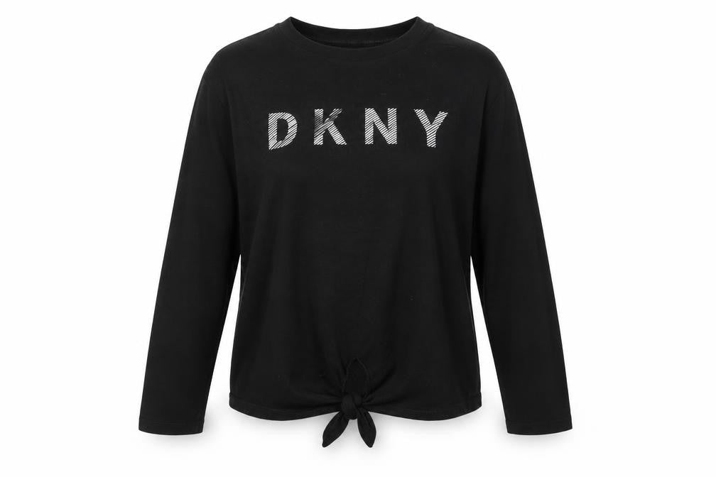 Front view of DKNY women’s black long sleeve tie front cotton jersey top, size S