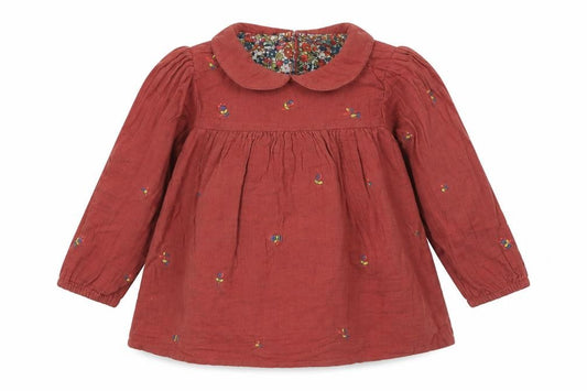 Front view of Next girls’ brown embroidered cotton long sleeve blouse 9-12 months