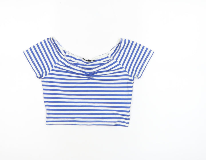 Topshop Women’s Blue White Striped Cropped T-Shirt UK 8