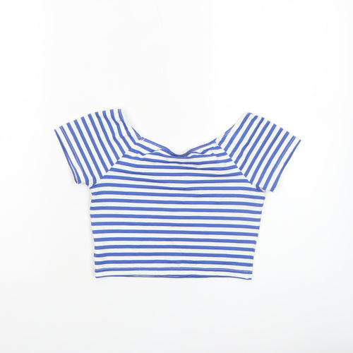 Topshop Women’s Blue White Striped Cropped T-Shirt UK 8