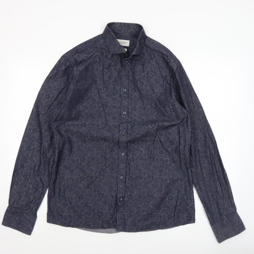 Bruun & Stengade Men's Blue Slim Fit Floral Long Sleeve Shirt Size 16