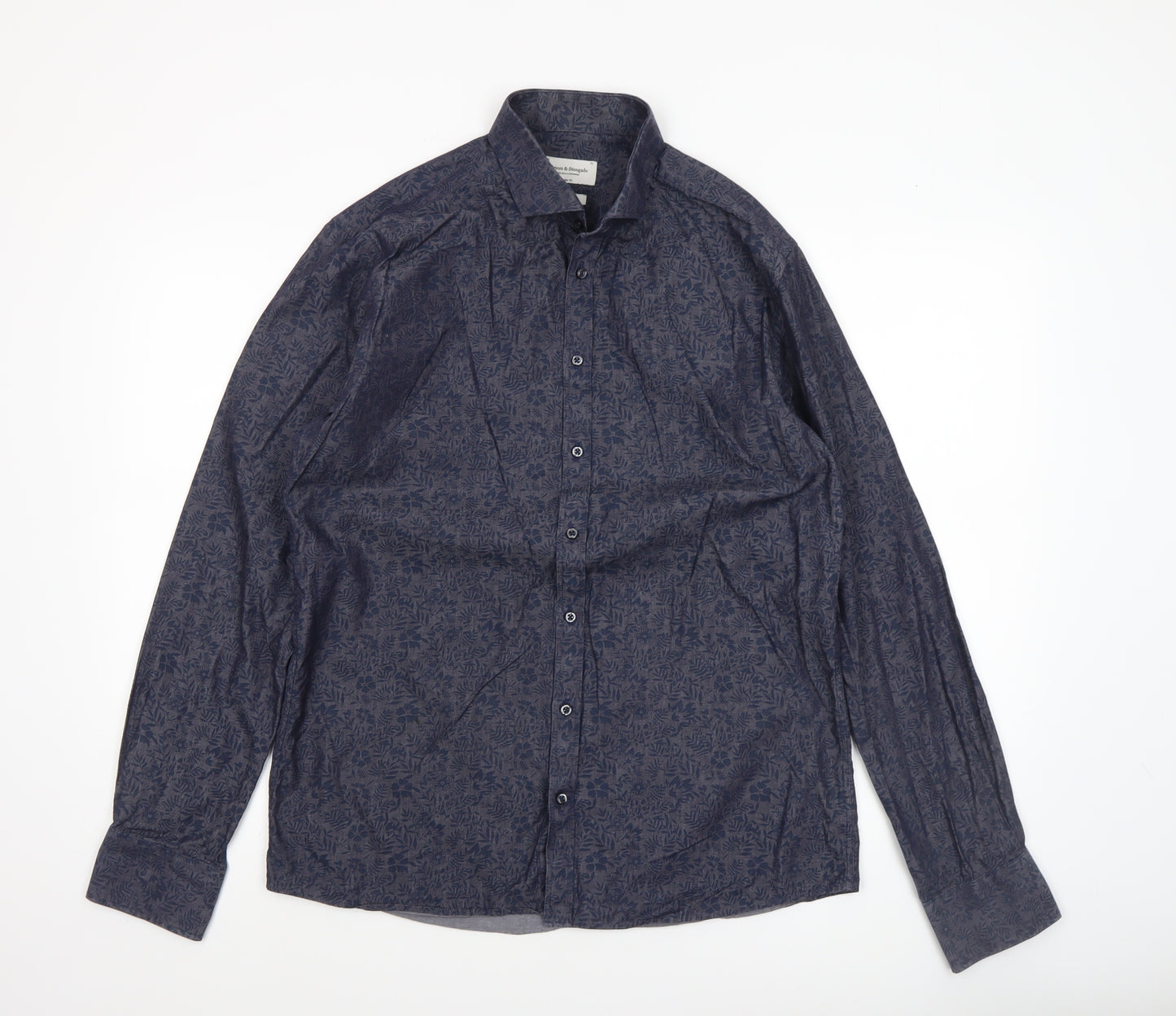 Bruun & Stengade Men's Blue Slim Fit Floral Long Sleeve Shirt Size 16