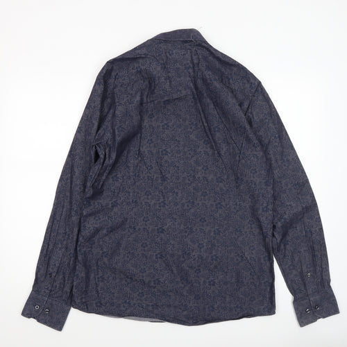 Bruun & Stengade Men's Blue Slim Fit Floral Long Sleeve Shirt Size 16