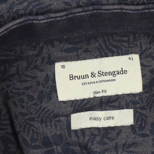 Bruun & Stengade Men's Blue Slim Fit Floral Long Sleeve Shirt Size 16