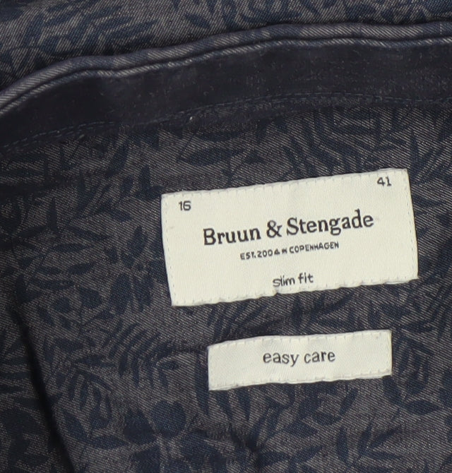 Bruun & Stengade Men's Blue Slim Fit Floral Long Sleeve Shirt Size 16