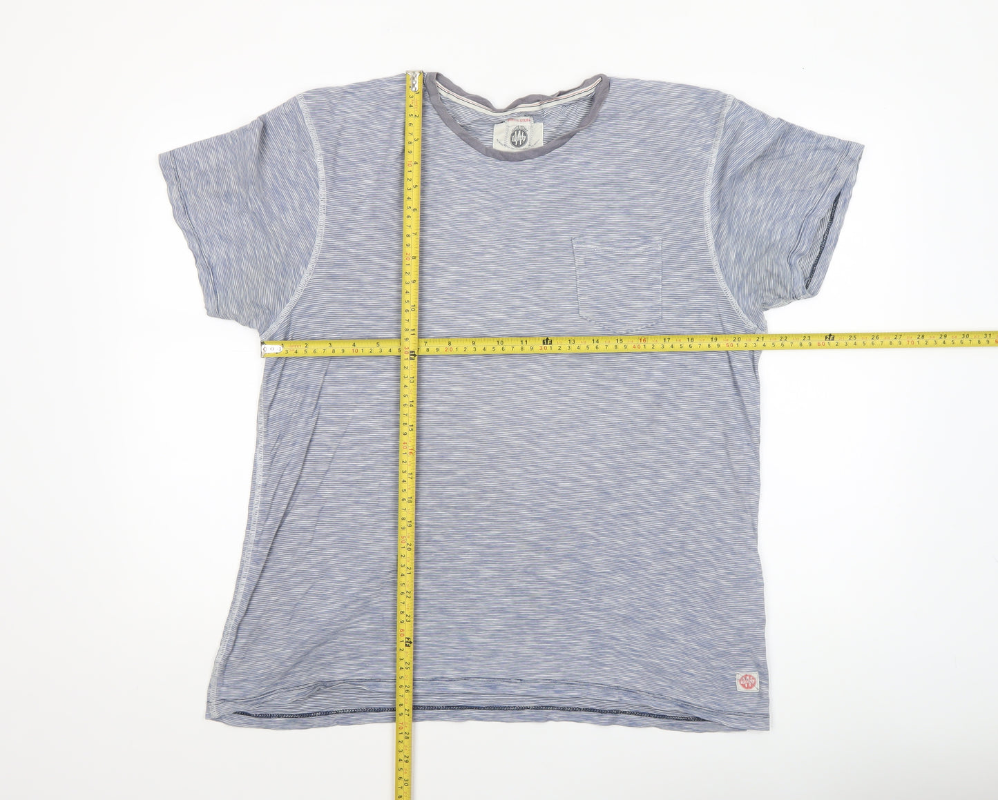 White Stuff Men Blue Striped Cotton Crew Neck T-Shirt L