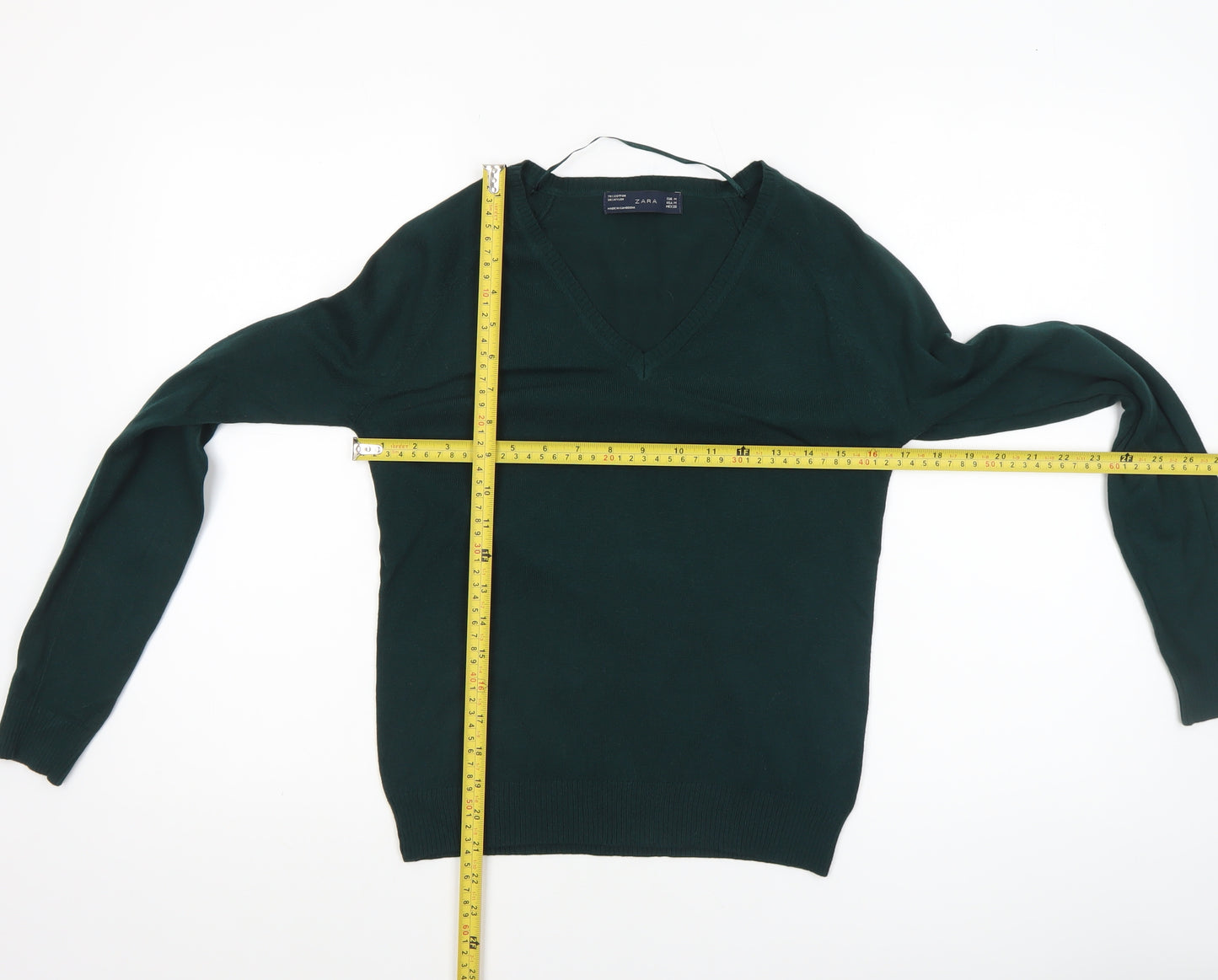 ZARA Women's Green V-Neck Cotton Knit Jumper Size 12