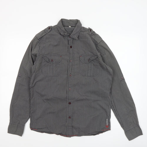 Duck and Cover Men's Grey Striped Long Sleeve Button-Up Shirt M