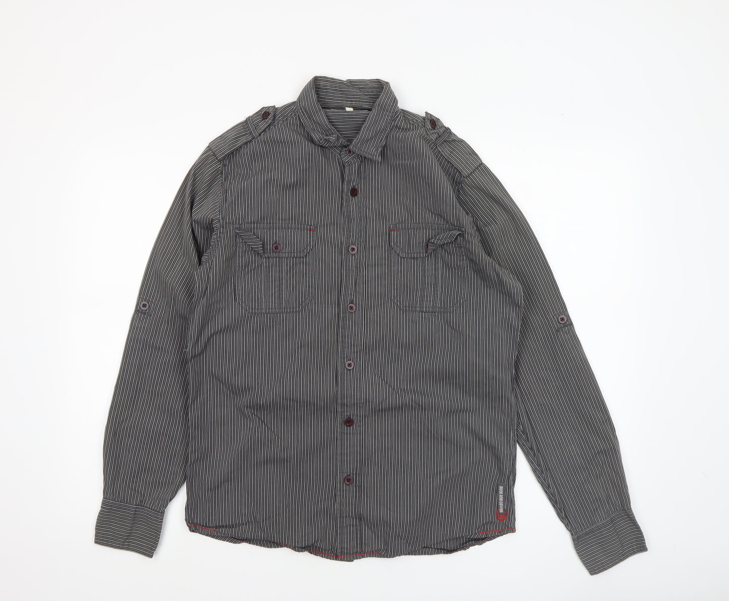 Duck and Cover Men's Grey Striped Long Sleeve Button-Up Shirt M