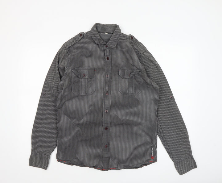 Duck and Cover Men's Grey Striped Long Sleeve Button-Up Shirt M